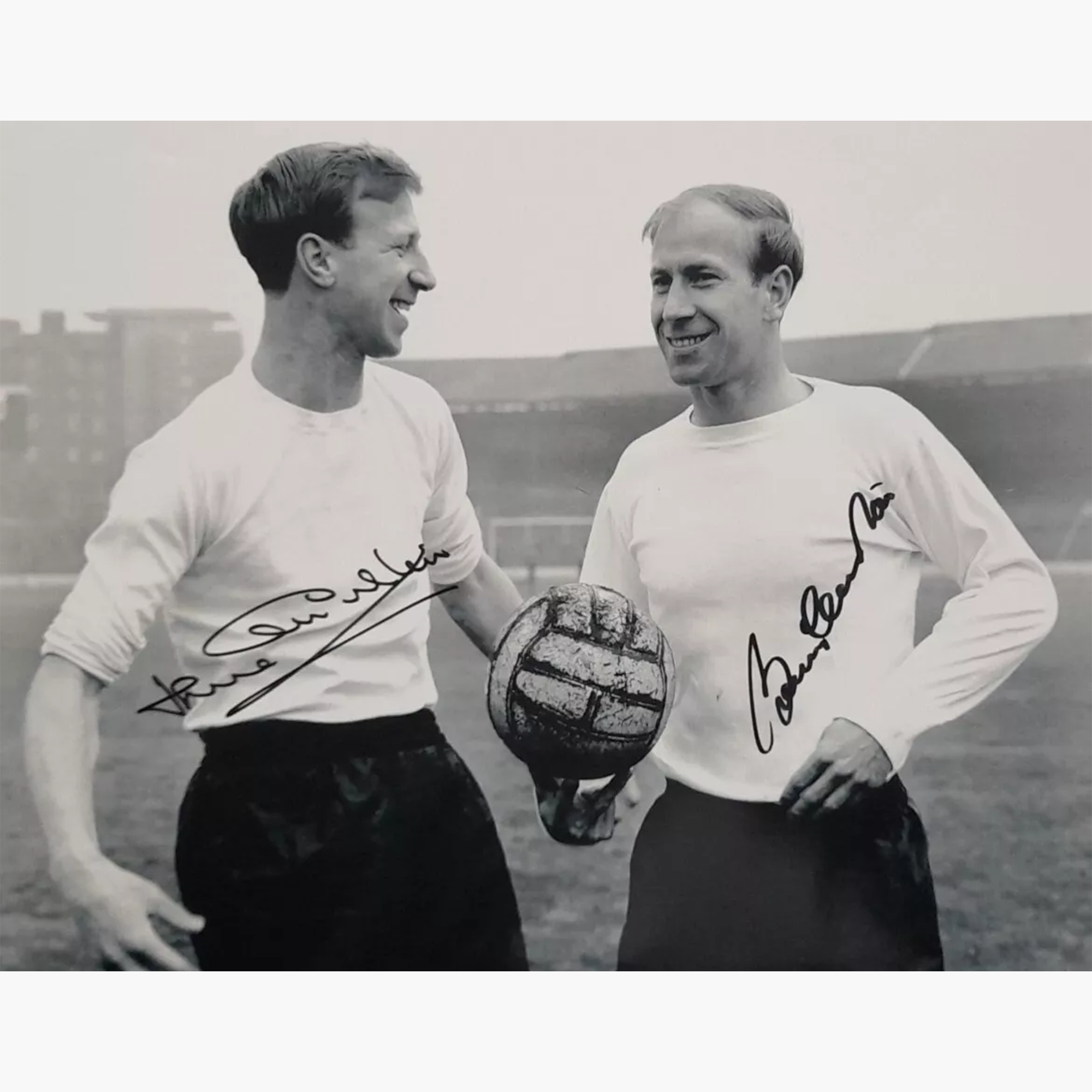 Sir Bobby Charlton & Jack Charlton Dual Signed Black & White Photo - 10" x 8"